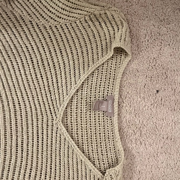 Chico's Cream V-Neck Sweater with Ribbed Knit, Beachcoverup, Casual, SummerBoho - Picture 3 of 5